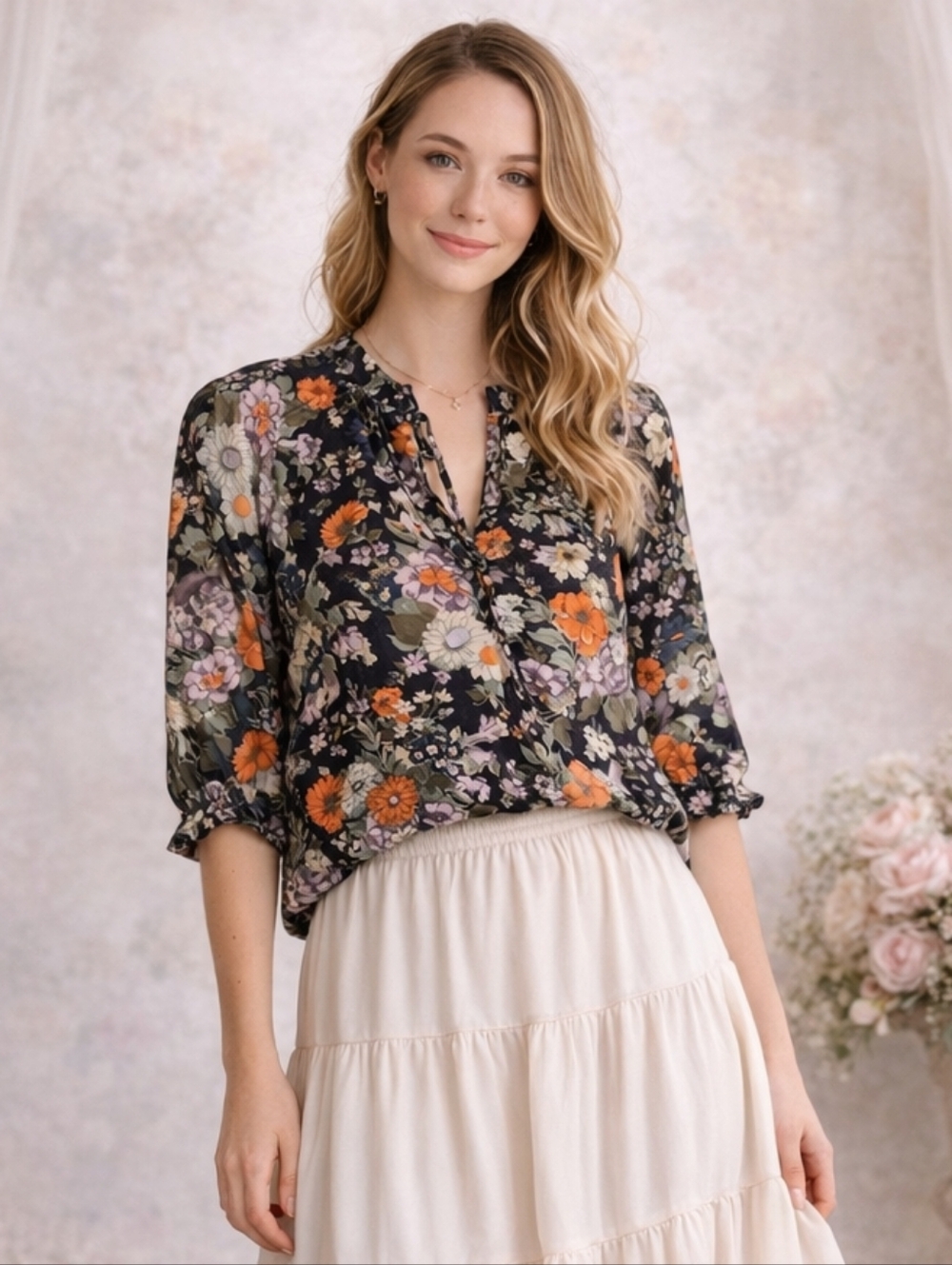 Rebecca Taylor Silk Floral Blouse Short Sleeves Women's Size 4 Feminine Romantic